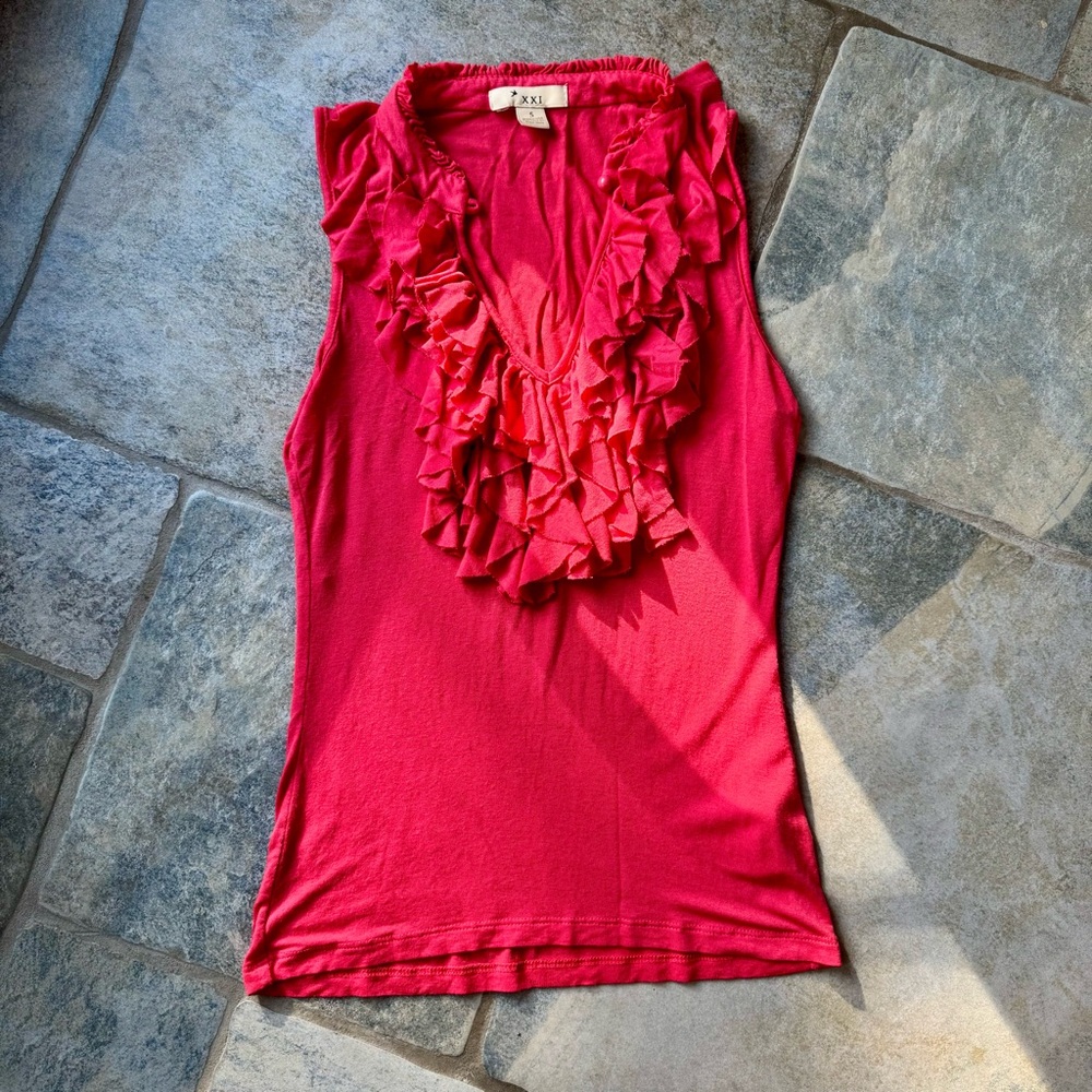 Forever 21 Y2K 2000s Pink Ruffled Sleeveless Blouse Bib Collar Small